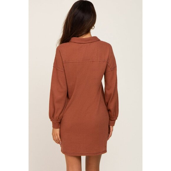 New L&B Womens Waffle Knit Brown Long Sleeve Button Down Shirt Dress Size Large - Picture 3 of 9
